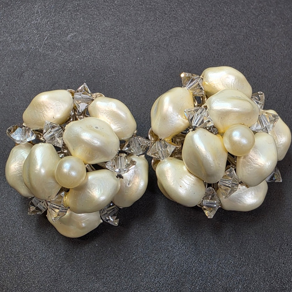 Vintage Clip On Earrings Cream Faux Pearl Crystal Cluster